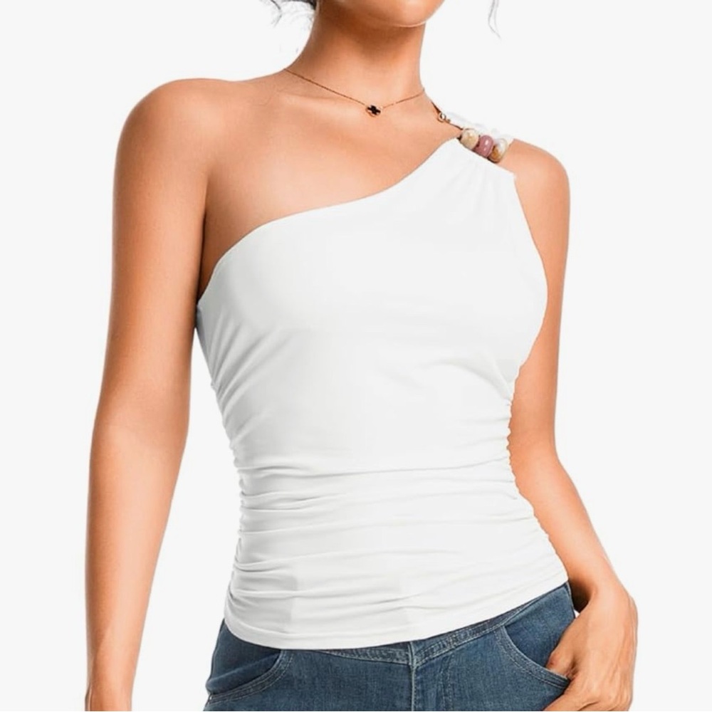 White One-Shoulder Ruched Tank Top